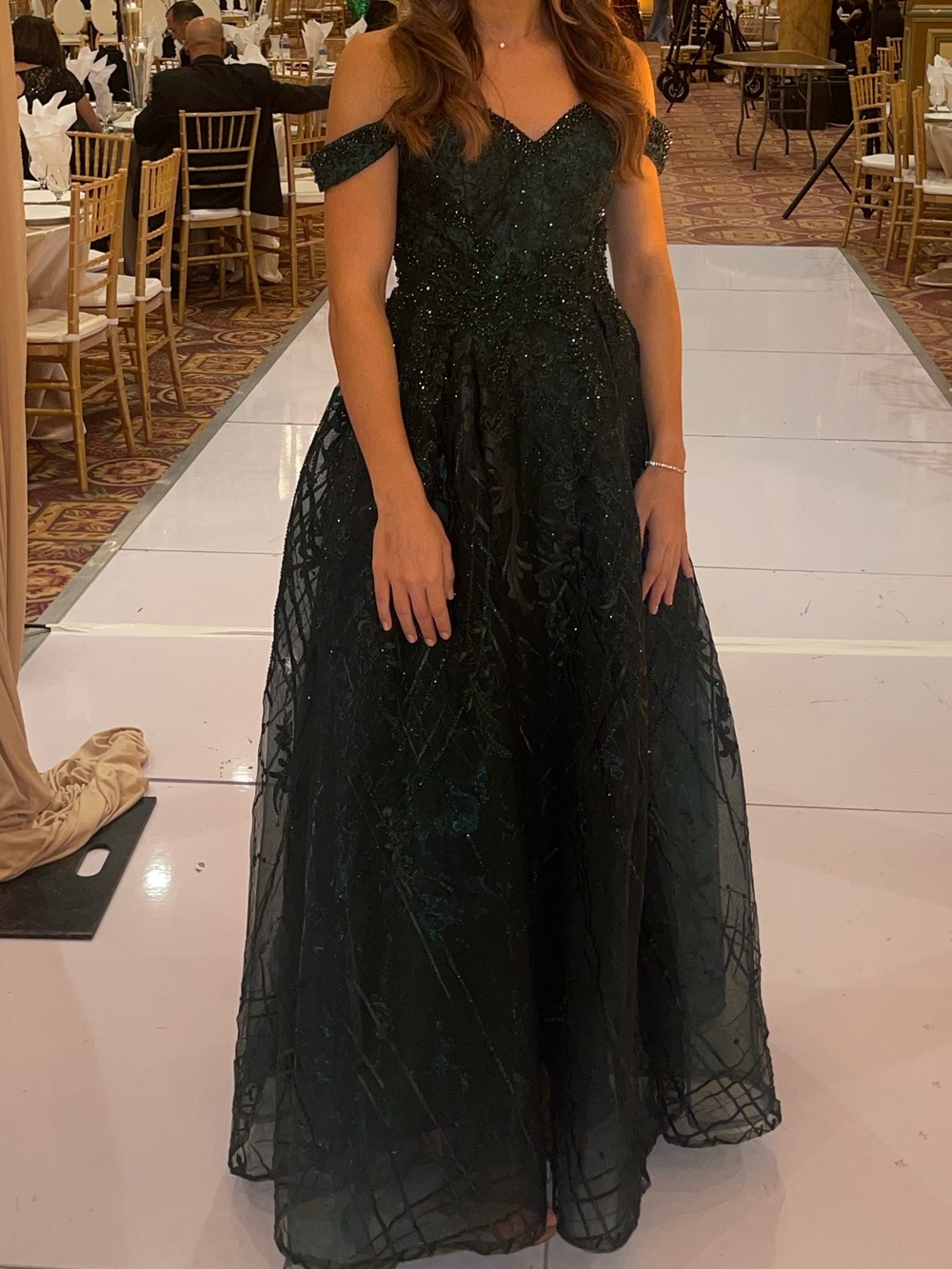 Off-Shoulder Emerald Green Beaded Evening Gown Size 4